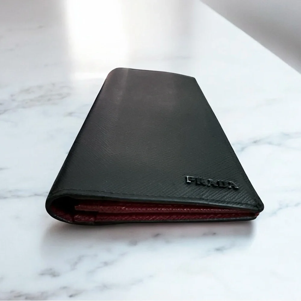 PRADA Saffiano Leather Long Wallet Black Burgundy Multi-Color‎ Interior